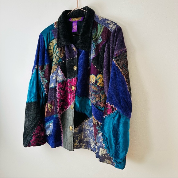 Vintage Tapestry Patch Velour Knit Gold Button Jacket boho quilted - Picture 7 of 10